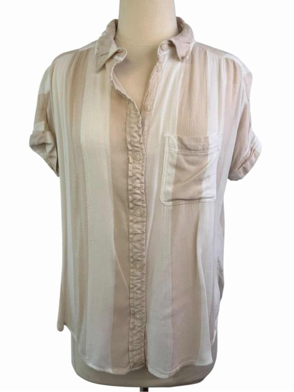 American Eagle Top Beige Stripe Button-Front short sleeve blouse Small